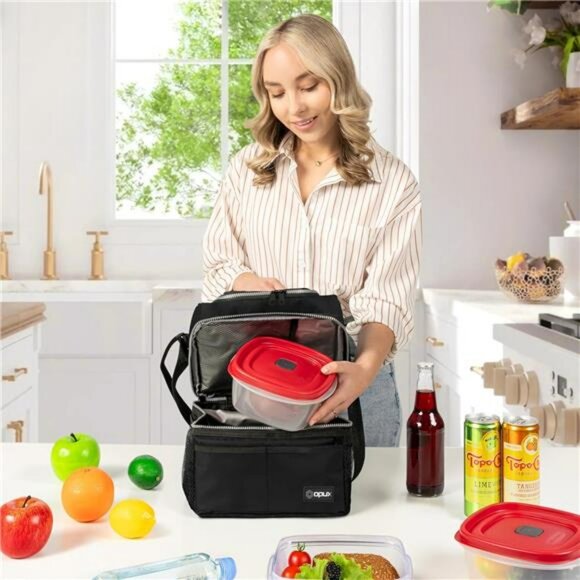 Large insulated lunch bag double deck leakproof cooler tote for work school trav - Picture 2 of 7